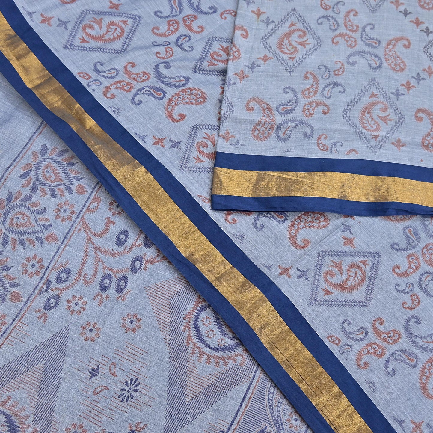 Indian Vintage Sari Blue Printed Pure Cotton Sarees Craft Fabric 5Yd Soft Sewing Sarong Wrap Boho Floral Quilting Dress making Zari border