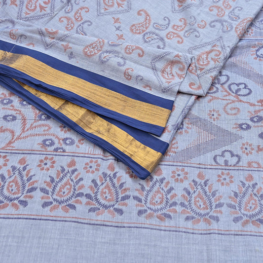 Indian Vintage Sari Blue Printed Pure Cotton Sarees Craft Fabric 5Yd Soft Sewing Sarong Wrap Boho Floral Quilting Dress making Zari border