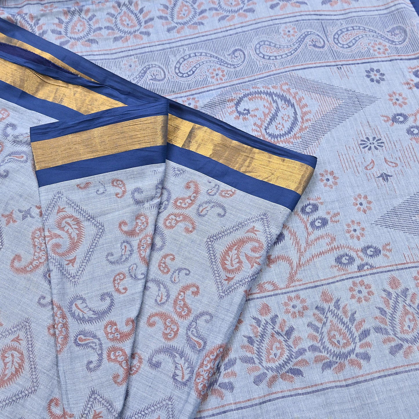 Indian Vintage Sari Blue Printed Pure Cotton Sarees Craft Fabric 5Yd Soft Sewing Sarong Wrap Boho Floral Quilting Dress making Zari border
