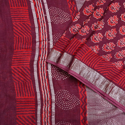 Indian Vintage Sari Maroon Printed Pure Cotton Sarees Craft Fabric 5Yd Soft Sewing Sarong Wrap Boho Floral Quilting Dress making fringes