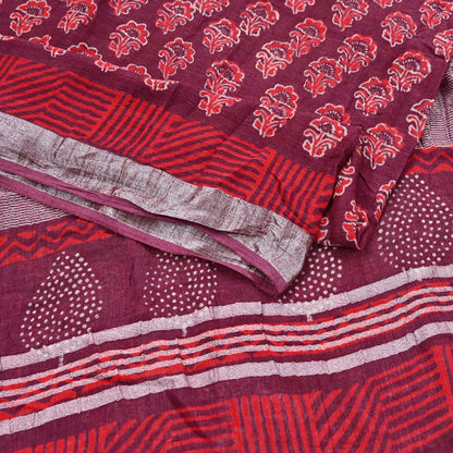 Indian Vintage Sari Maroon Printed Pure Cotton Sarees Craft Fabric 5Yd Soft Sewing Sarong Wrap Boho Floral Quilting Dress making fringes