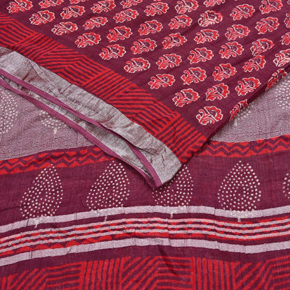Indian Vintage Sari Maroon Printed Pure Cotton Sarees Craft Fabric 5Yd Soft Sewing Sarong Wrap Boho Floral Quilting Dress making fringes