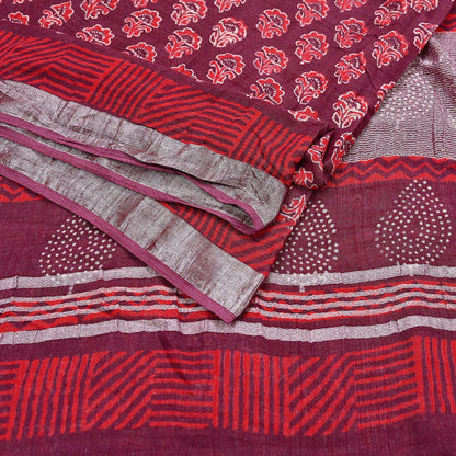 Indian Vintage Sari Maroon Printed Pure Cotton Sarees Craft Fabric 5Yd Soft Sewing Sarong Wrap Boho Floral Quilting Dress making fringes