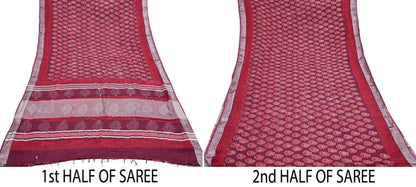 Indian Vintage Sari Maroon Printed Pure Cotton Sarees Craft Fabric 5Yd Soft Sewing Sarong Wrap Boho Floral Quilting Dress making fringes