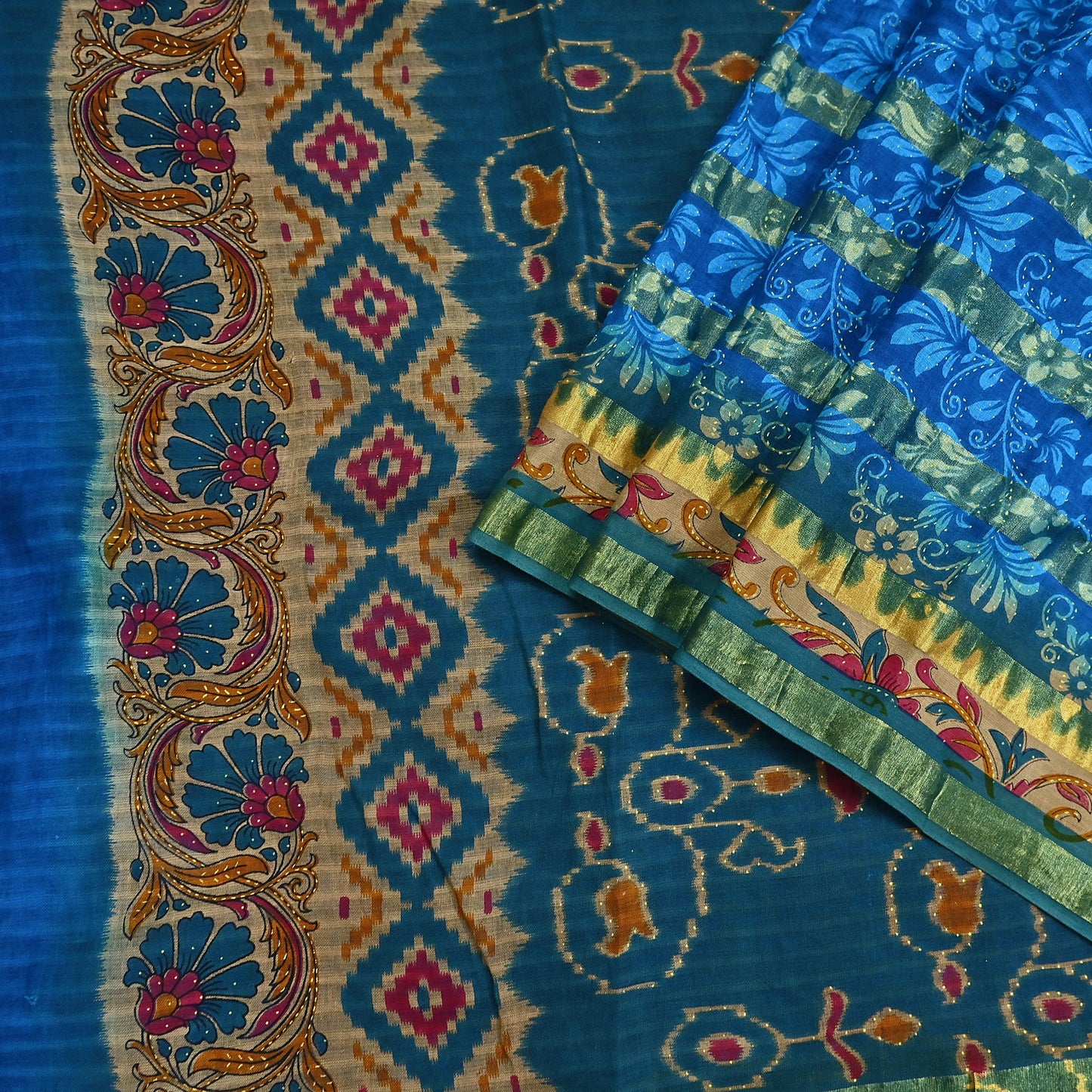 Indian Vintage Sari Blue Printed Pure Cotton Sarees Craft Fabric 5Yd Soft Sewing Sarong Wrap Boho Floral Quilting Dress making