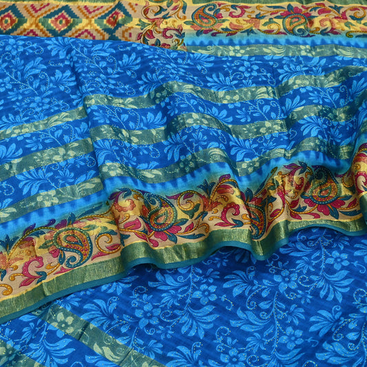 Indian Vintage Sari Blue Printed Pure Cotton Sarees Craft Fabric 5Yd Soft Sewing Sarong Wrap Boho Floral Quilting Dress making