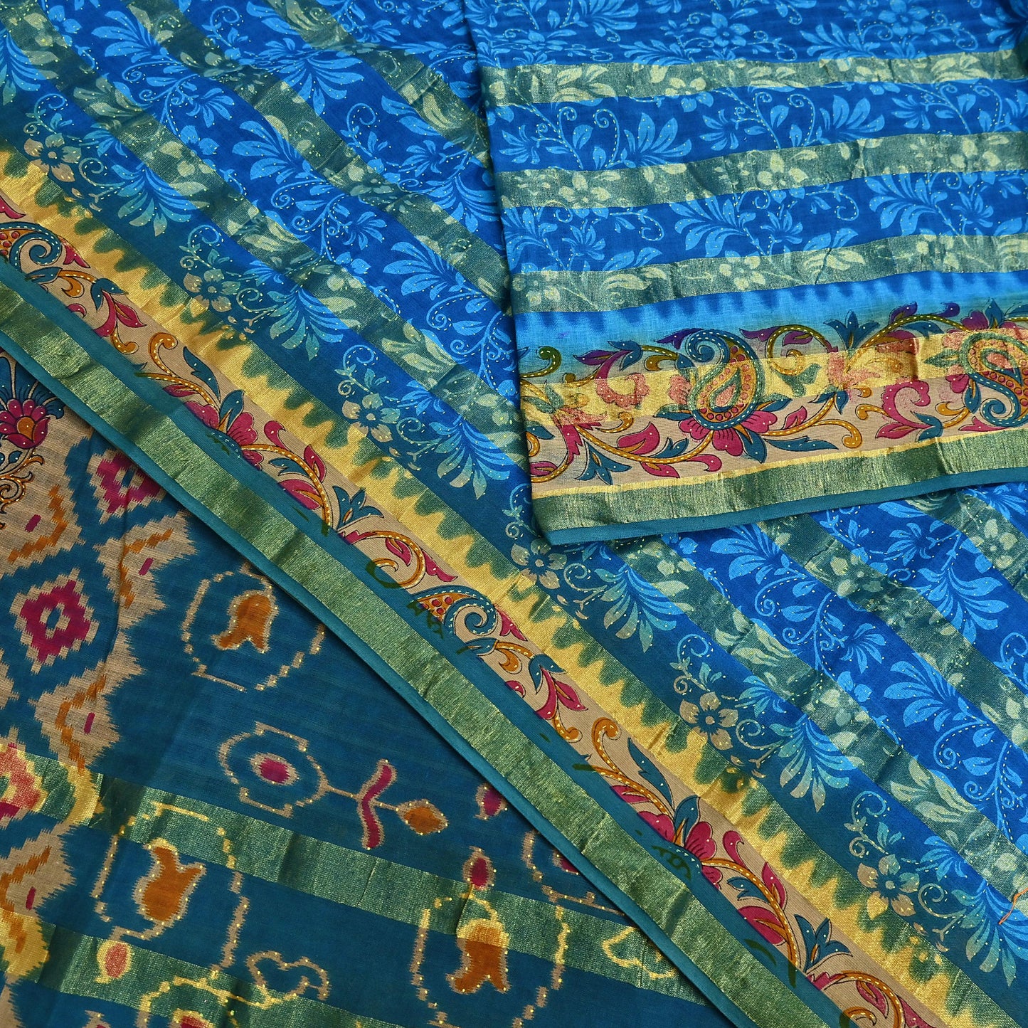 Indian Vintage Sari Blue Printed Pure Cotton Sarees Craft Fabric 5Yd Soft Sewing Sarong Wrap Boho Floral Quilting Dress making