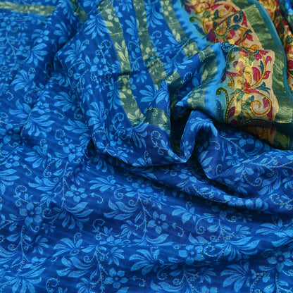 Indian Vintage Sari Blue Printed Pure Cotton Sarees Craft Fabric 5Yd Soft Sewing Sarong Wrap Boho Floral Quilting Dress making