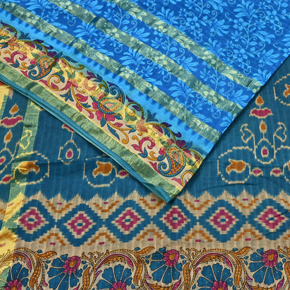 Indian Vintage Sari Blue Printed Pure Cotton Sarees Craft Fabric 5Yd Soft Sewing Sarong Wrap Boho Floral Quilting Dress making