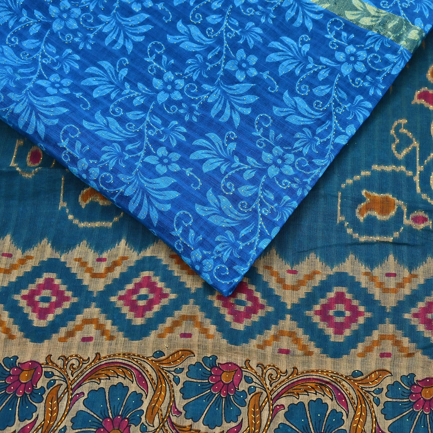 Indian Vintage Sari Blue Printed Pure Cotton Sarees Craft Fabric 5Yd Soft Sewing Sarong Wrap Boho Floral Quilting Dress making