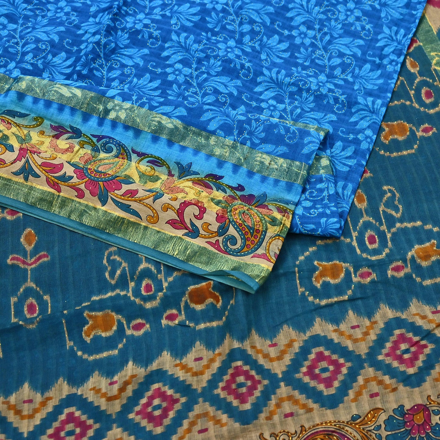 Indian Vintage Sari Blue Printed Pure Cotton Sarees Craft Fabric 5Yd Soft Sewing Sarong Wrap Boho Floral Quilting Dress making