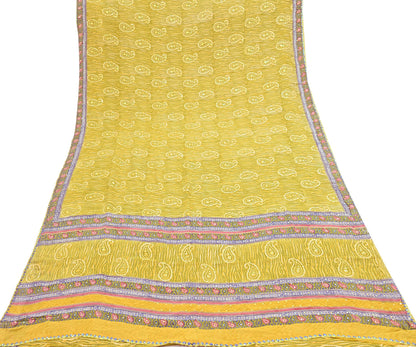 Indian Vintage Sari Yellow Hand Embroidered Printed 100% Pure Georgette Silk Saree Craft Fabric 6Yd Ethnic Soft Dress making For Crafting
