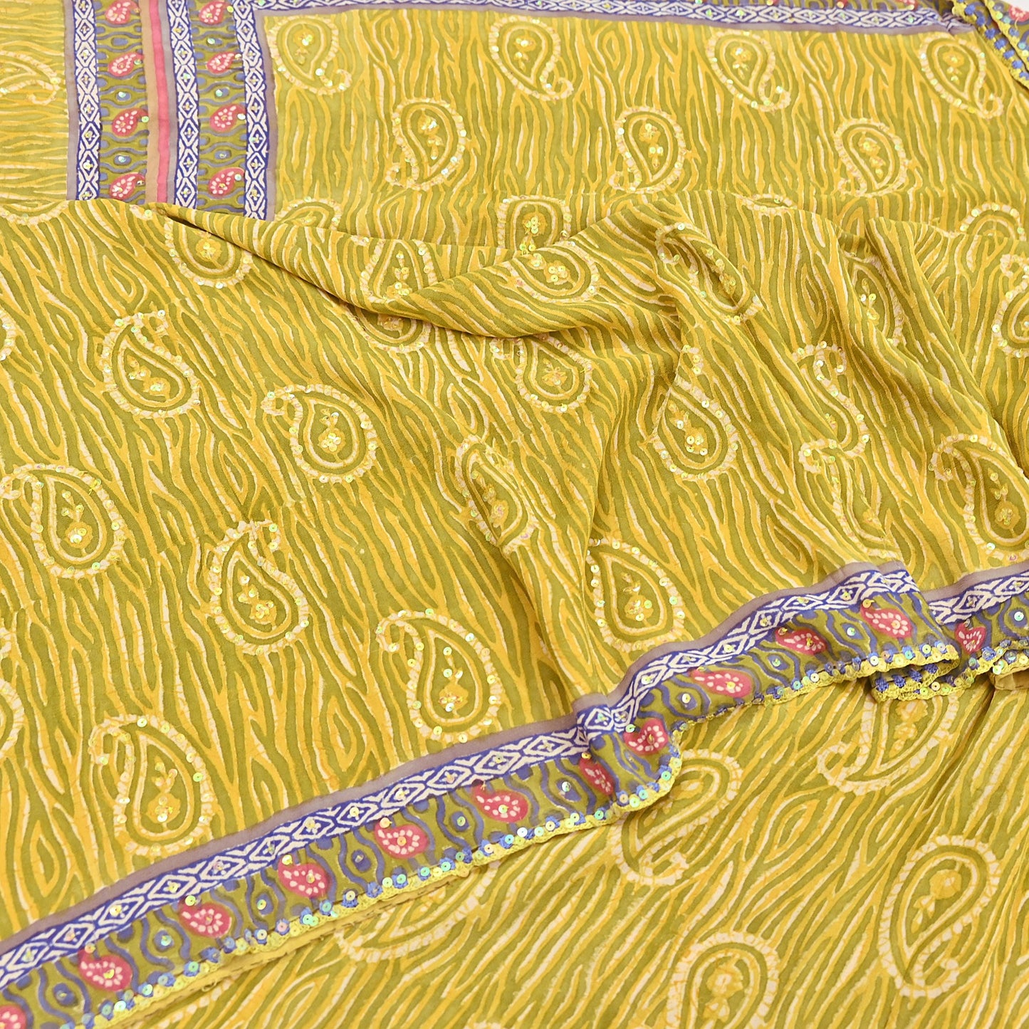 Indian Vintage Sari Yellow Hand Embroidered Printed 100% Pure Georgette Silk Saree Craft Fabric 6Yd Ethnic Soft Dress making For Crafting