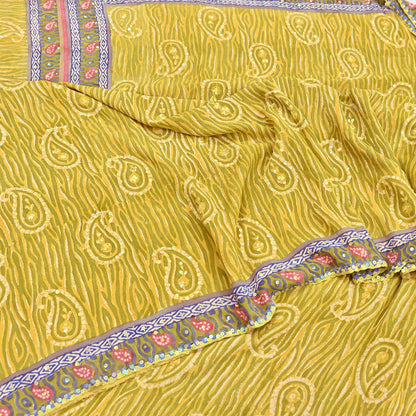 Indian Vintage Sari Yellow Hand Embroidered Printed 100% Pure Georgette Silk Saree Craft Fabric 6Yd Ethnic Soft Dress making For Crafting