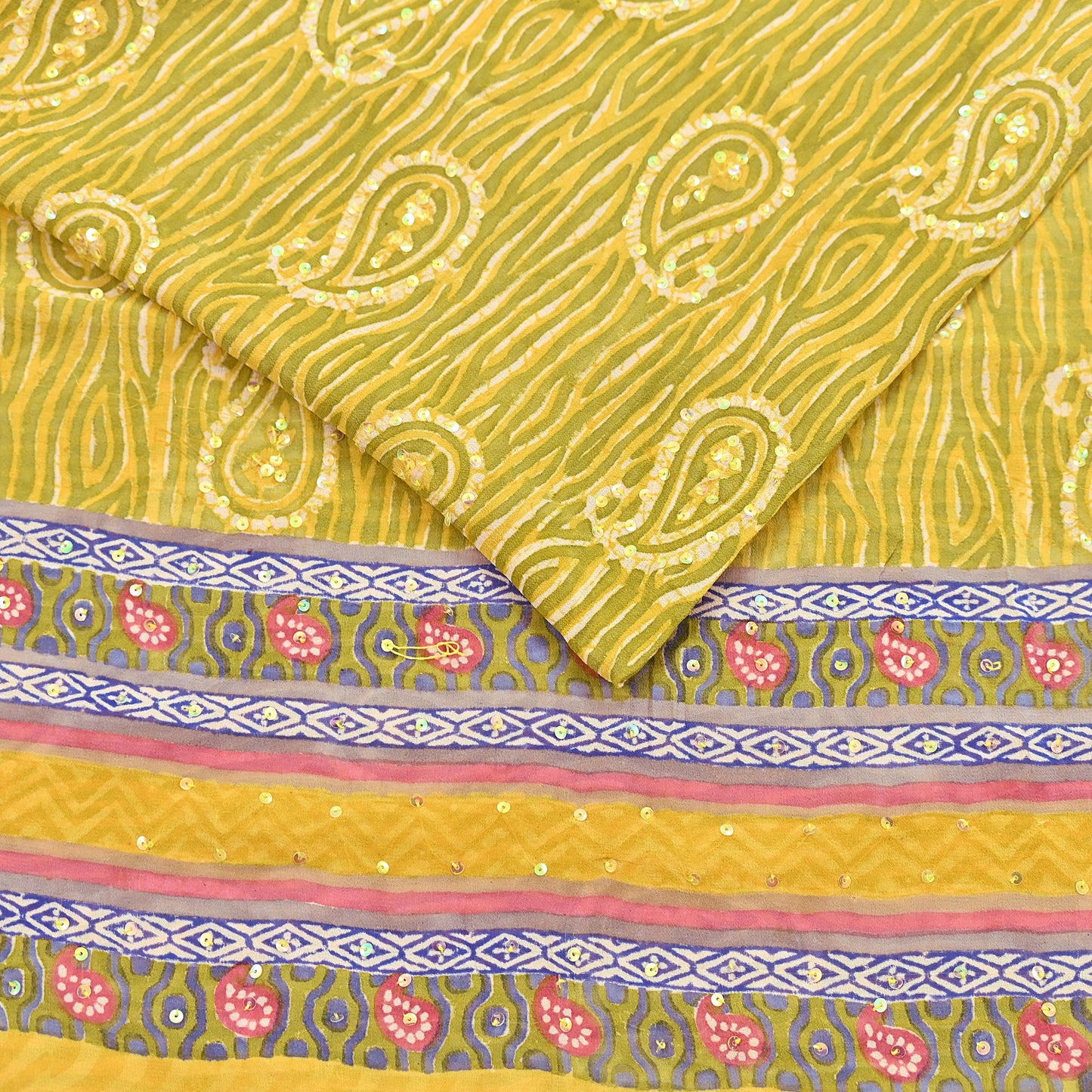 Indian Vintage Sari Yellow Hand Embroidered Printed 100% Pure Georgette Silk Saree Craft Fabric 6Yd Ethnic Soft Dress making For Crafting