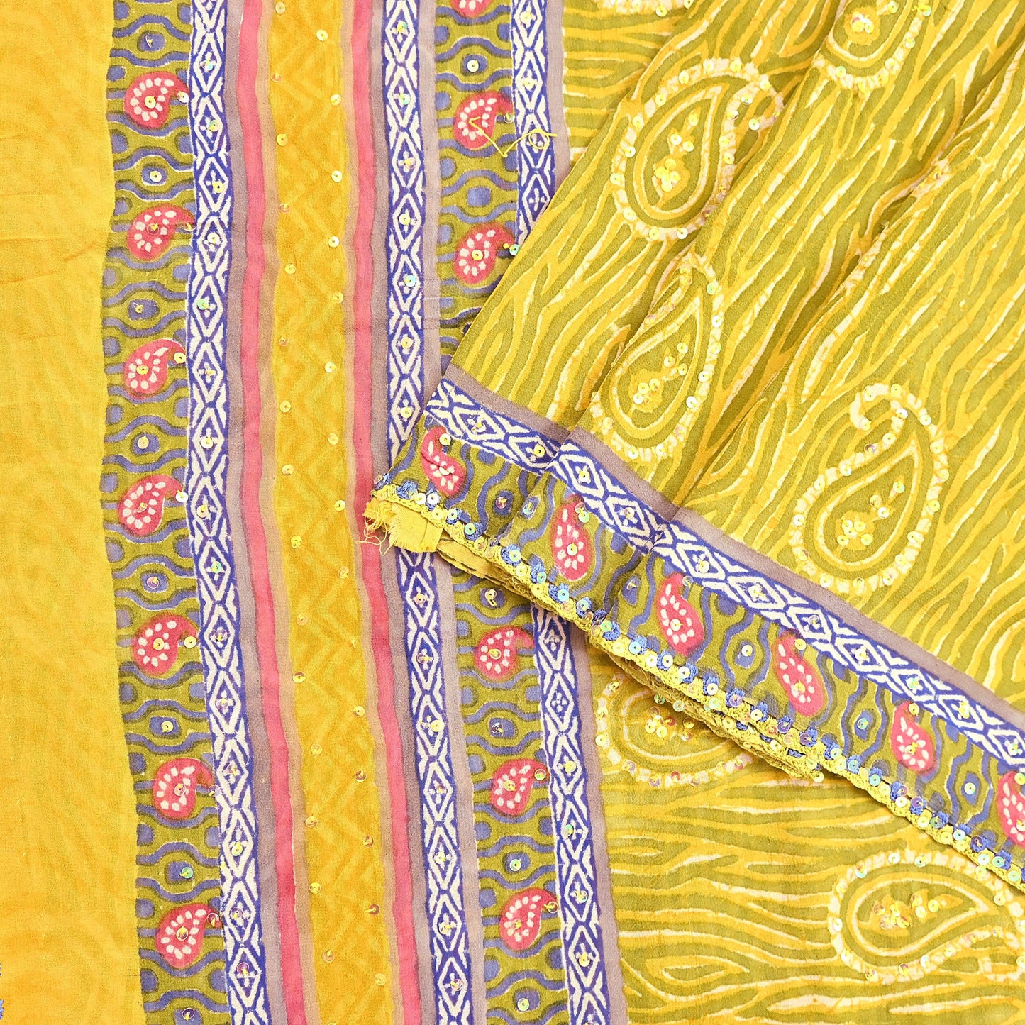 Indian Vintage Sari Yellow Hand Embroidered Printed 100% Pure Georgette Silk Saree Craft Fabric 6Yd Ethnic Soft Dress making For Crafting