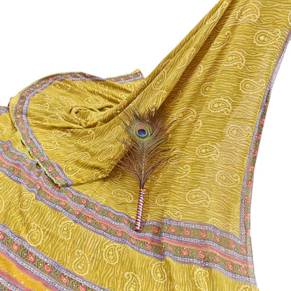 Indian Vintage Sari Yellow Hand Embroidered Printed 100% Pure Georgette Silk Saree Craft Fabric 6Yd Ethnic Soft Dress making For Crafting