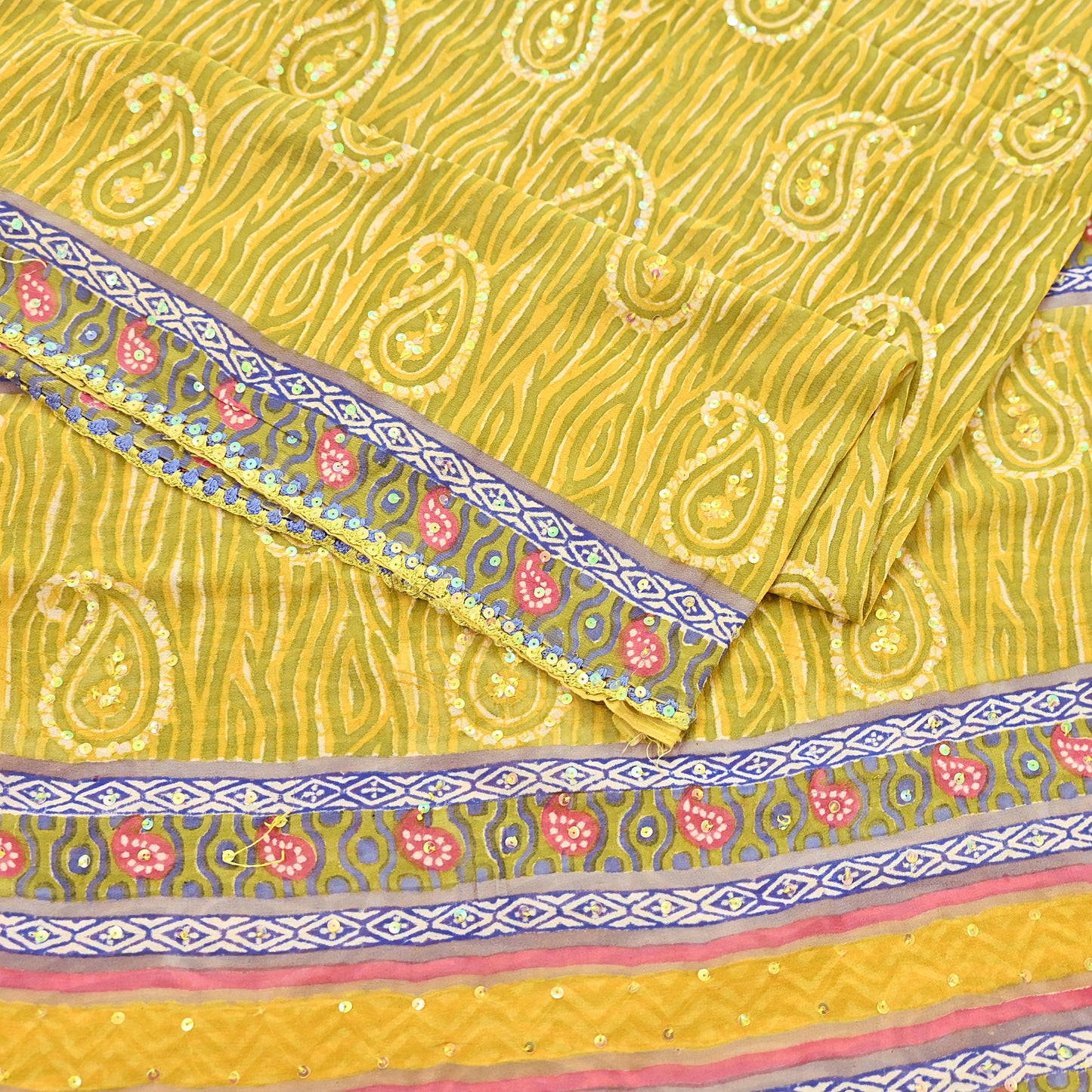 Indian Vintage Sari Yellow Hand Embroidered Printed 100% Pure Georgette Silk Saree Craft Fabric 6Yd Ethnic Soft Dress making For Crafting