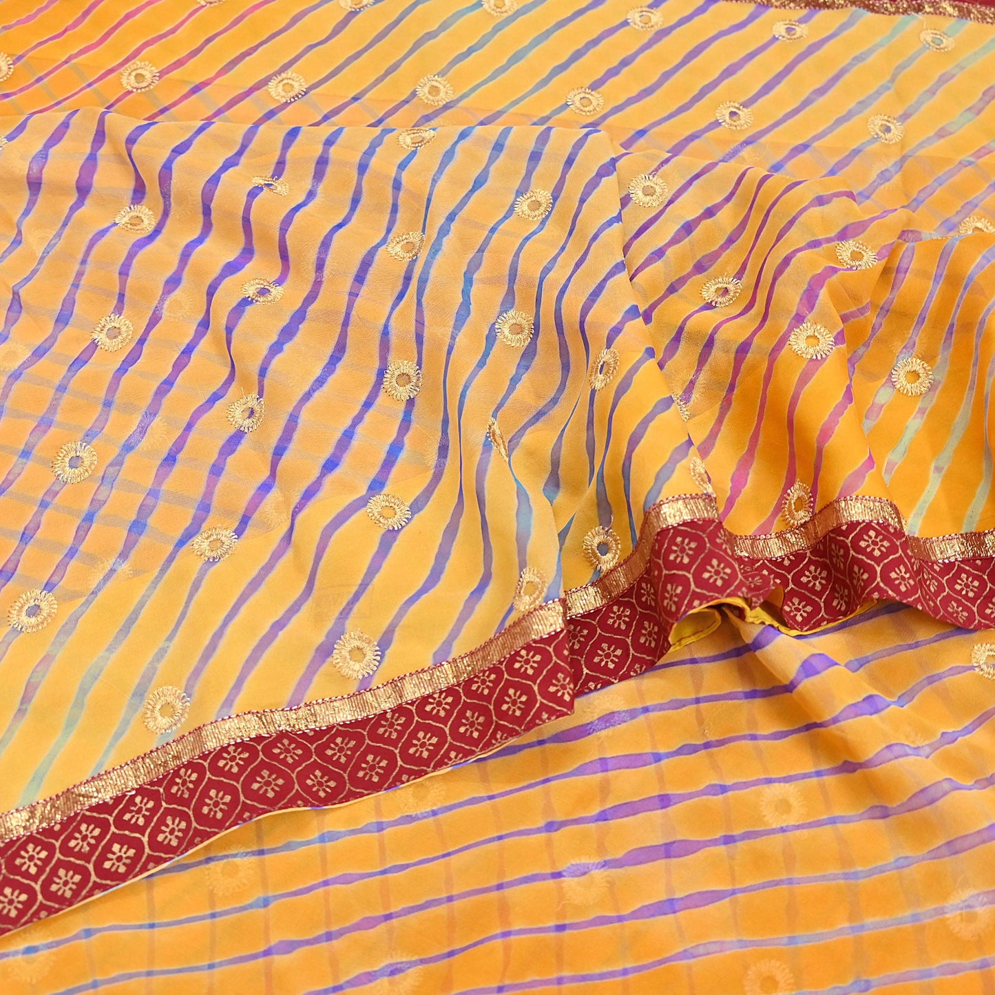 Indian Vintage Orange & Saffron Sarees Pure Georgette Silk Hand Embroidered Leheria Sari Craft Fabric 5Yd Sewing Soft Dress Making Sequins