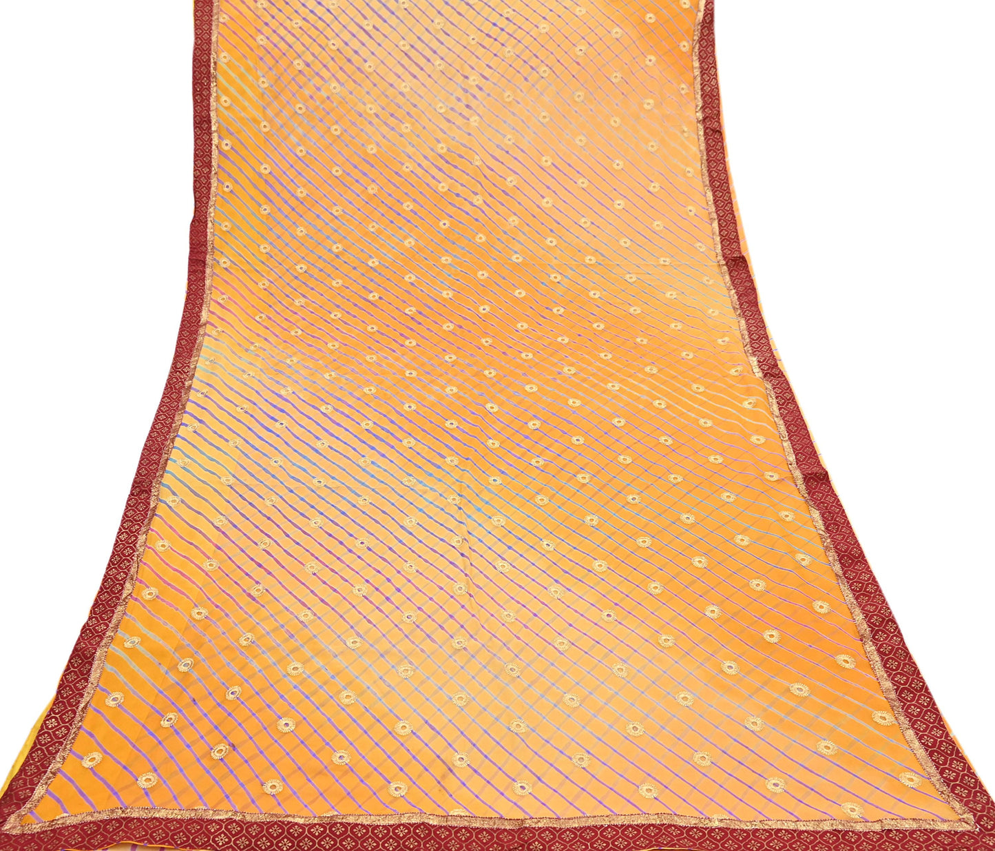 Indian Vintage Orange & Saffron Sarees Pure Georgette Silk Hand Embroidered Leheria Sari Craft Fabric 5Yd Sewing Soft Dress Making Sequins