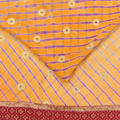 Indian Vintage Orange & Saffron Sarees Pure Georgette Silk Hand Embroidered Leheria Sari Craft Fabric 5Yd Sewing Soft Dress Making Sequins