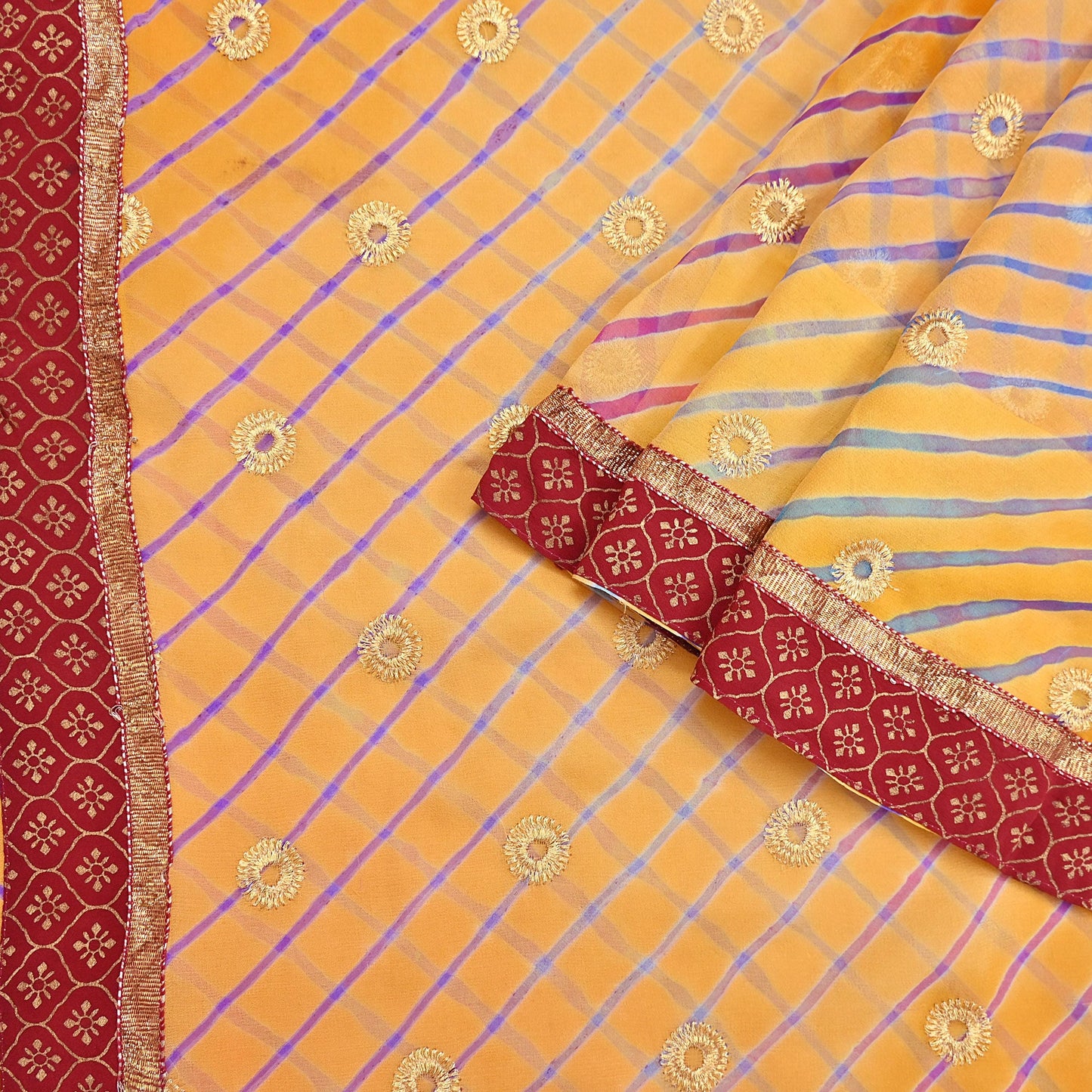 Indian Vintage Orange & Saffron Sarees Pure Georgette Silk Hand Embroidered Leheria Sari Craft Fabric 5Yd Sewing Soft Dress Making Sequins
