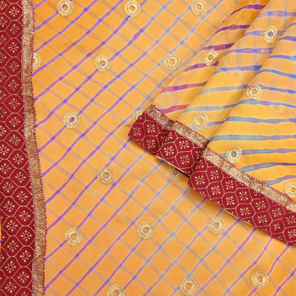 Indian Vintage Orange & Saffron Sarees Pure Georgette Silk Hand Embroidered Leheria Sari Craft Fabric 5Yd Sewing Soft Dress Making Sequins
