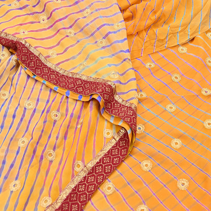 Indian Vintage Orange & Saffron Sarees Pure Georgette Silk Hand Embroidered Leheria Sari Craft Fabric 5Yd Sewing Soft Dress Making Sequins