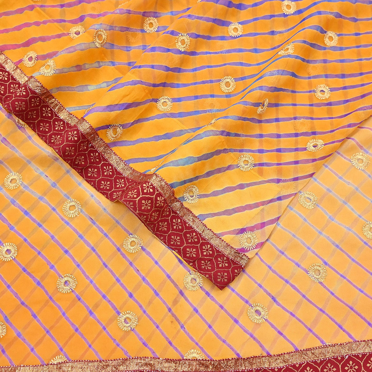 Indian Vintage Orange & Saffron Sarees Pure Georgette Silk Hand Embroidered Leheria Sari Craft Fabric 5Yd Sewing Soft Dress Making Sequins