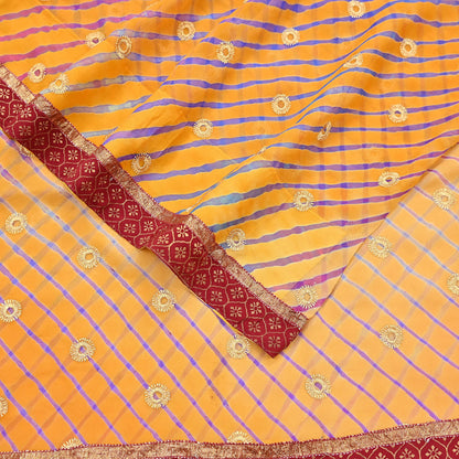 Indian Vintage Orange & Saffron Sarees Pure Georgette Silk Hand Embroidered Leheria Sari Craft Fabric 5Yd Sewing Soft Dress Making Sequins