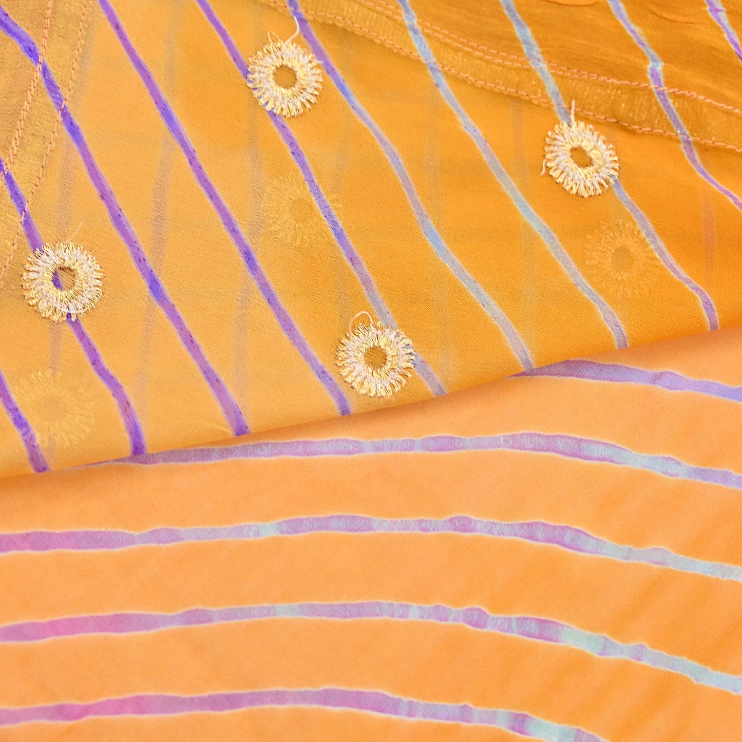 Indian Vintage Orange & Saffron Sarees Pure Georgette Silk Hand Embroidered Leheria Sari Craft Fabric 5Yd Sewing Soft Dress Making Sequins