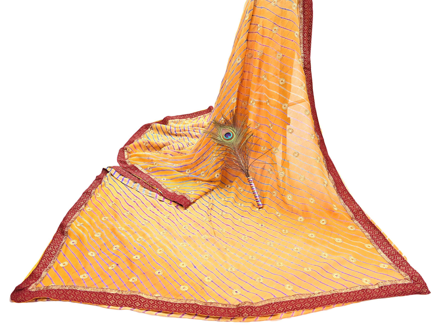 Indian Vintage Orange & Saffron Sarees Pure Georgette Silk Hand Embroidered Leheria Sari Craft Fabric 5Yd Sewing Soft Dress Making Sequins
