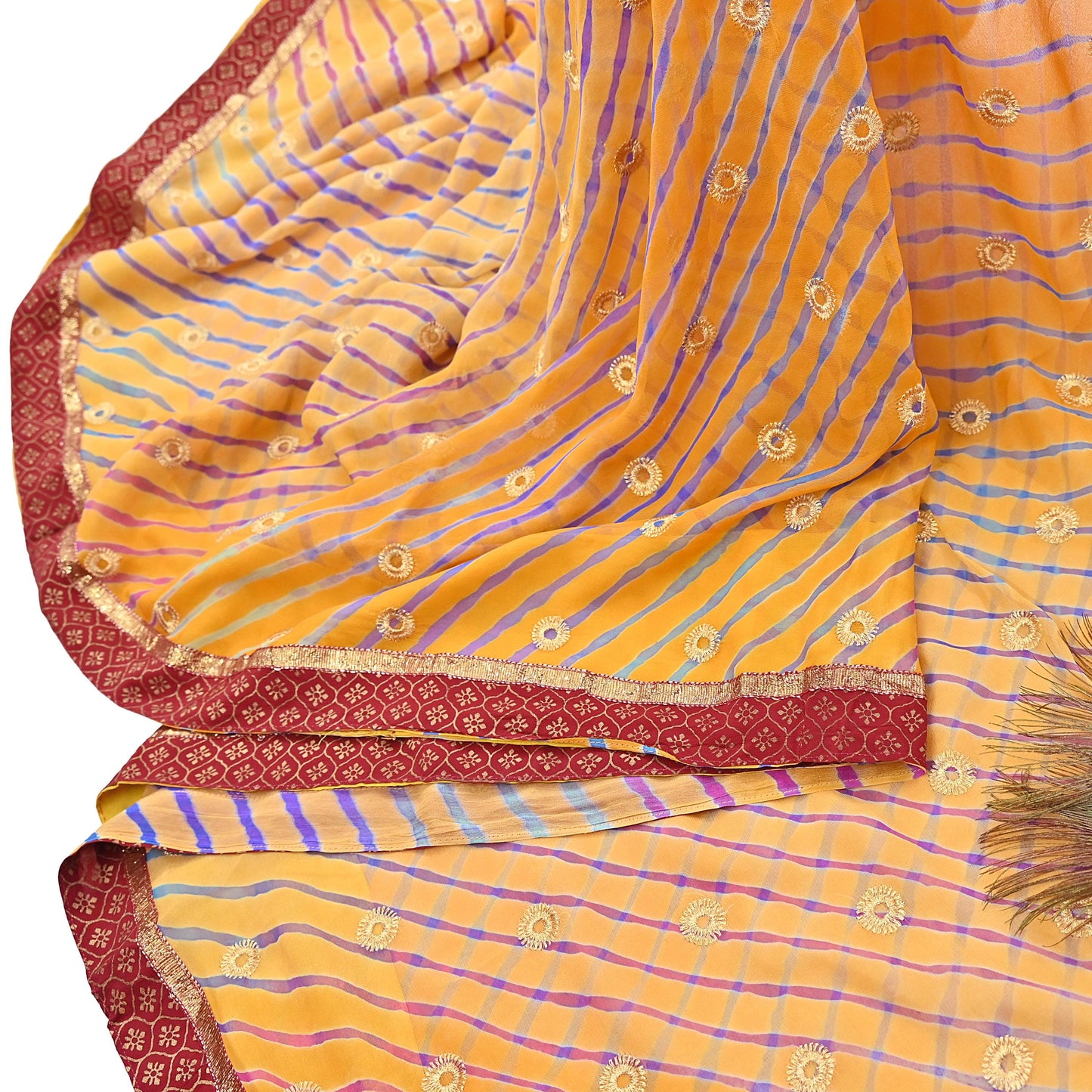 Indian Vintage Orange & Saffron Sarees Pure Georgette Silk Hand Embroidered Leheria Sari Craft Fabric 5Yd Sewing Soft Dress Making Sequins