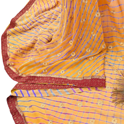 Indian Vintage Orange & Saffron Sarees Pure Georgette Silk Hand Embroidered Leheria Sari Craft Fabric 5Yd Sewing Soft Dress Making Sequins