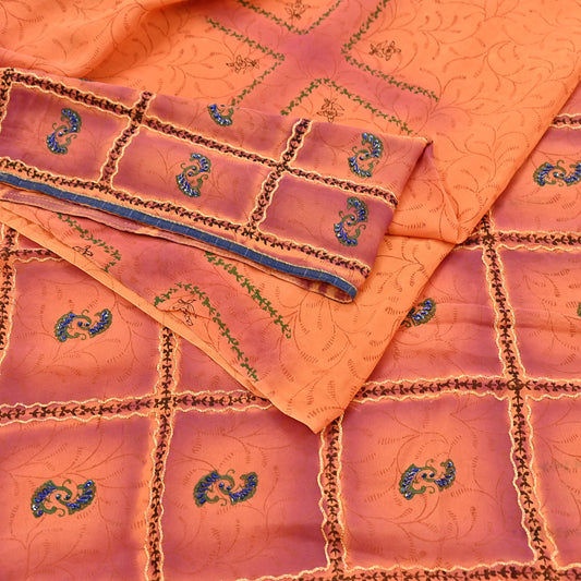 Indian Vintage Sari Orange Hand Embroidered Printed 100% Pure Georgette Silk Saree Craft Fabric 6Yd Ethnic Soft Dress making For Crafting