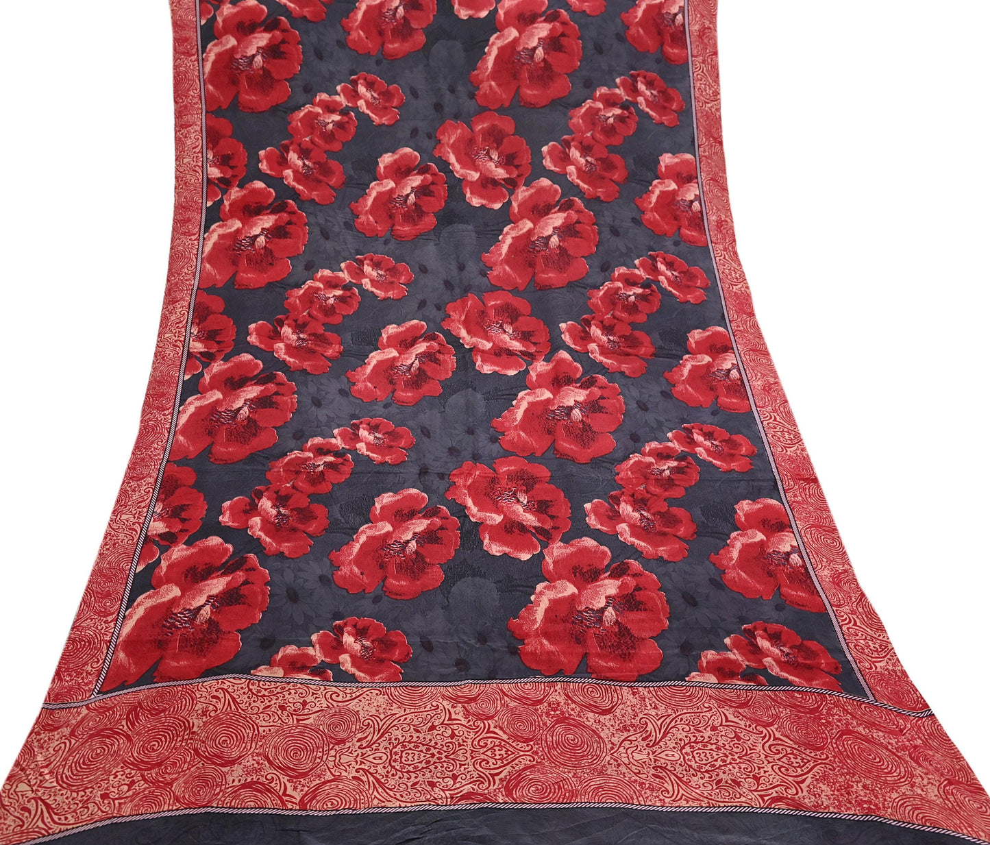 Indian Vintage Sari Gray & Red Pure Crepe Silk Block Printed Sarees 5yd Sewing Floral Soft Craft Fabric Wrap Dress making Crafting Quilting