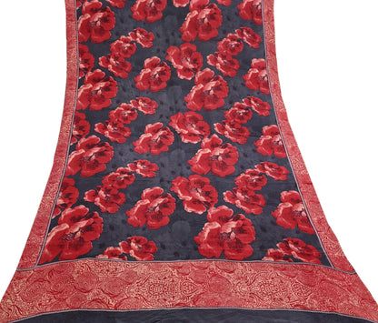 Indian Vintage Sari Gray & Red Pure Crepe Silk Block Printed Sarees 5yd Sewing Floral Soft Craft Fabric Wrap Dress making Crafting Quilting