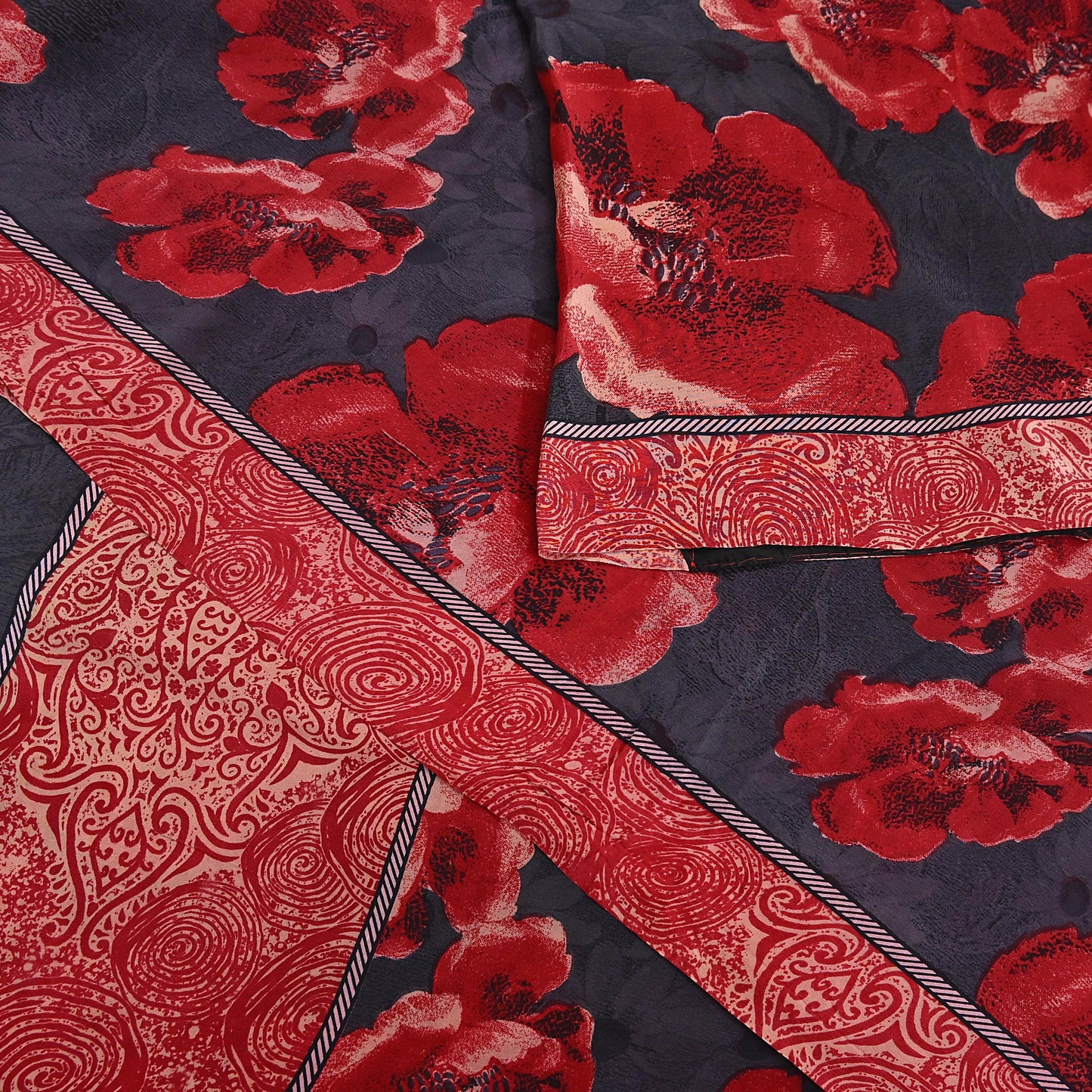 Indian Vintage Sari Gray & Red Pure Crepe Silk Block Printed Sarees 5yd Sewing Floral Soft Craft Fabric Wrap Dress making Crafting Quilting