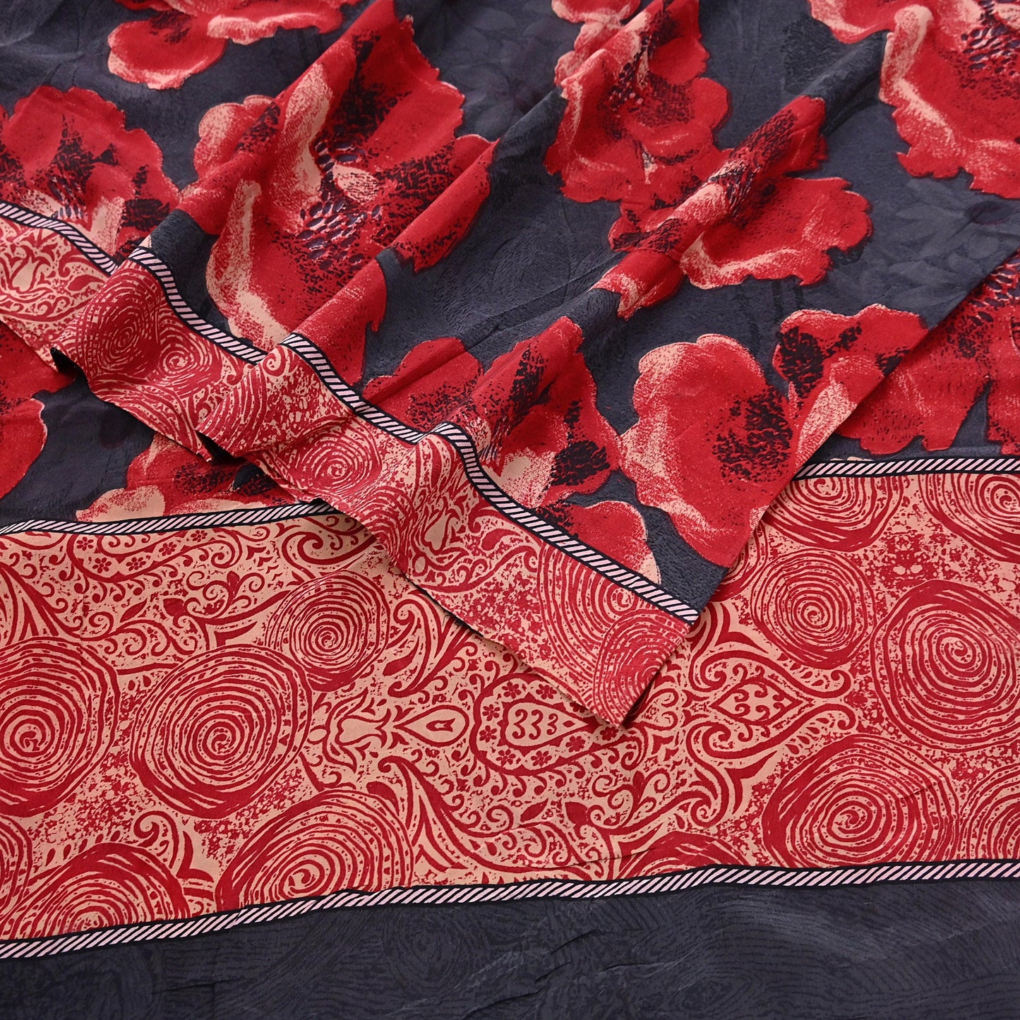 Indian Vintage Sari Gray & Red Pure Crepe Silk Block Printed Sarees 5yd Sewing Floral Soft Craft Fabric Wrap Dress making Crafting Quilting