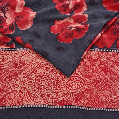 Indian Vintage Sari Gray & Red Pure Crepe Silk Block Printed Sarees 5yd Sewing Floral Soft Craft Fabric Wrap Dress making Crafting Quilting