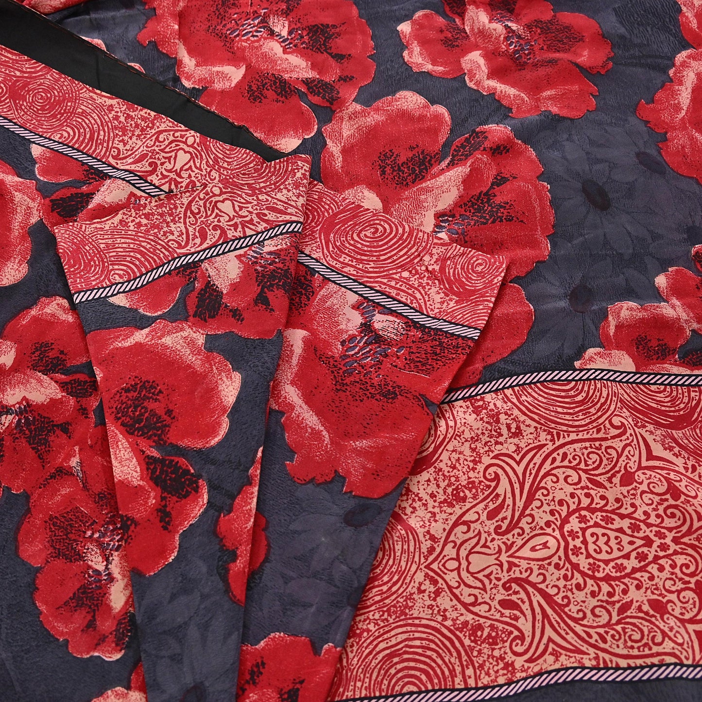 Indian Vintage Sari Gray & Red Pure Crepe Silk Block Printed Sarees 5yd Sewing Floral Soft Craft Fabric Wrap Dress making Crafting Quilting