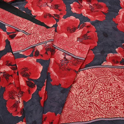 Indian Vintage Sari Gray & Red Pure Crepe Silk Block Printed Sarees 5yd Sewing Floral Soft Craft Fabric Wrap Dress making Crafting Quilting