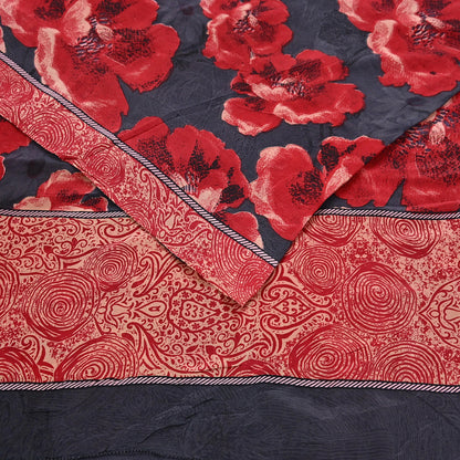 Indian Vintage Sari Gray & Red Pure Crepe Silk Block Printed Sarees 5yd Sewing Floral Soft Craft Fabric Wrap Dress making Crafting Quilting