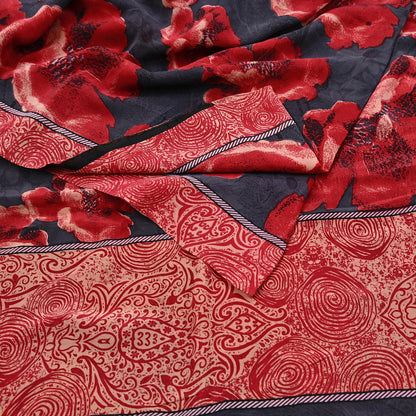 Indian Vintage Sari Gray & Red Pure Crepe Silk Block Printed Sarees 5yd Sewing Floral Soft Craft Fabric Wrap Dress making Crafting Quilting