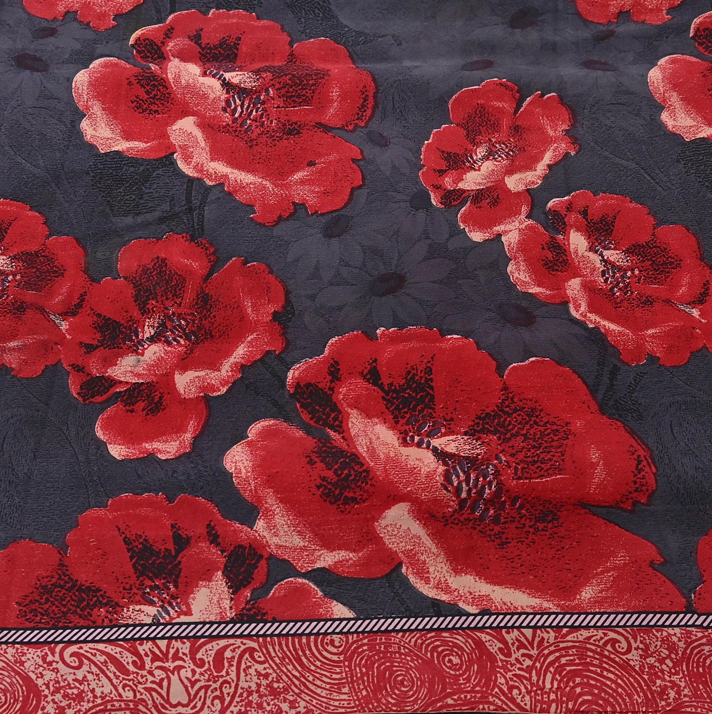 Indian Vintage Sari Gray & Red Pure Crepe Silk Block Printed Sarees 5yd Sewing Floral Soft Craft Fabric Wrap Dress making Crafting Quilting