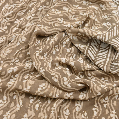 Indian Women Vintage Brown Saree Pure Georgette Silk Batik Printed Sari Sewing 5yard Soft Craft Floral Design Wrap Boho