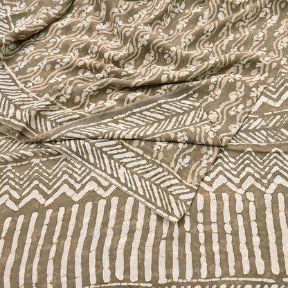 Indian Women Vintage Brown Saree Pure Georgette Silk Batik Printed Sari Sewing 5yard Soft Craft Floral Design Wrap Boho