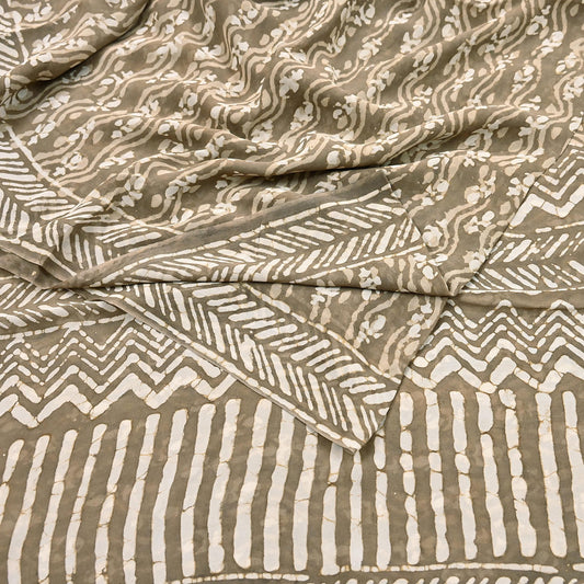 Indian Women Vintage Brown Saree Pure Georgette Silk Batik Printed Sari Sewing 5yard Soft Craft Floral Design Wrap Boho