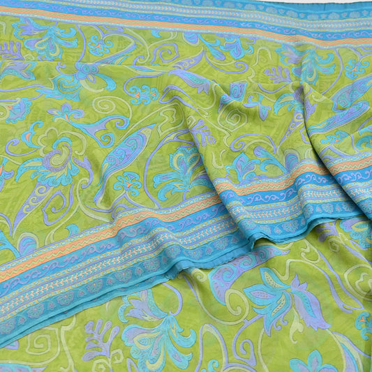 Indian Vintage Sari Blue & Green 100% Pure Georgette Silk Printed Sarees Sewing 6yd Craft Soft Dress Designing for Crafting Abstract
