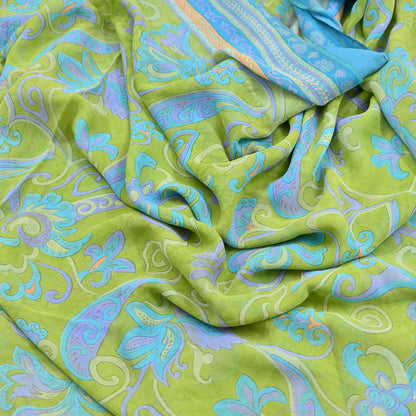 Indian Vintage Sari Blue & Green 100% Pure Georgette Silk Printed Sarees Sewing 6yd Craft Soft Dress Designing for Crafting Abstract
